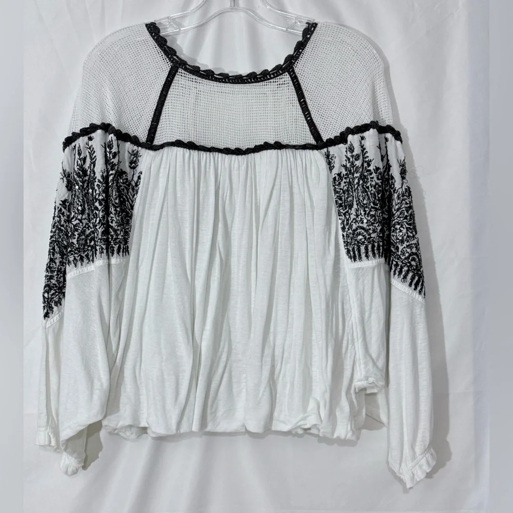 Free People Carly Embroidered Flowy Boho Style Top With A Cropped Bubble Hem